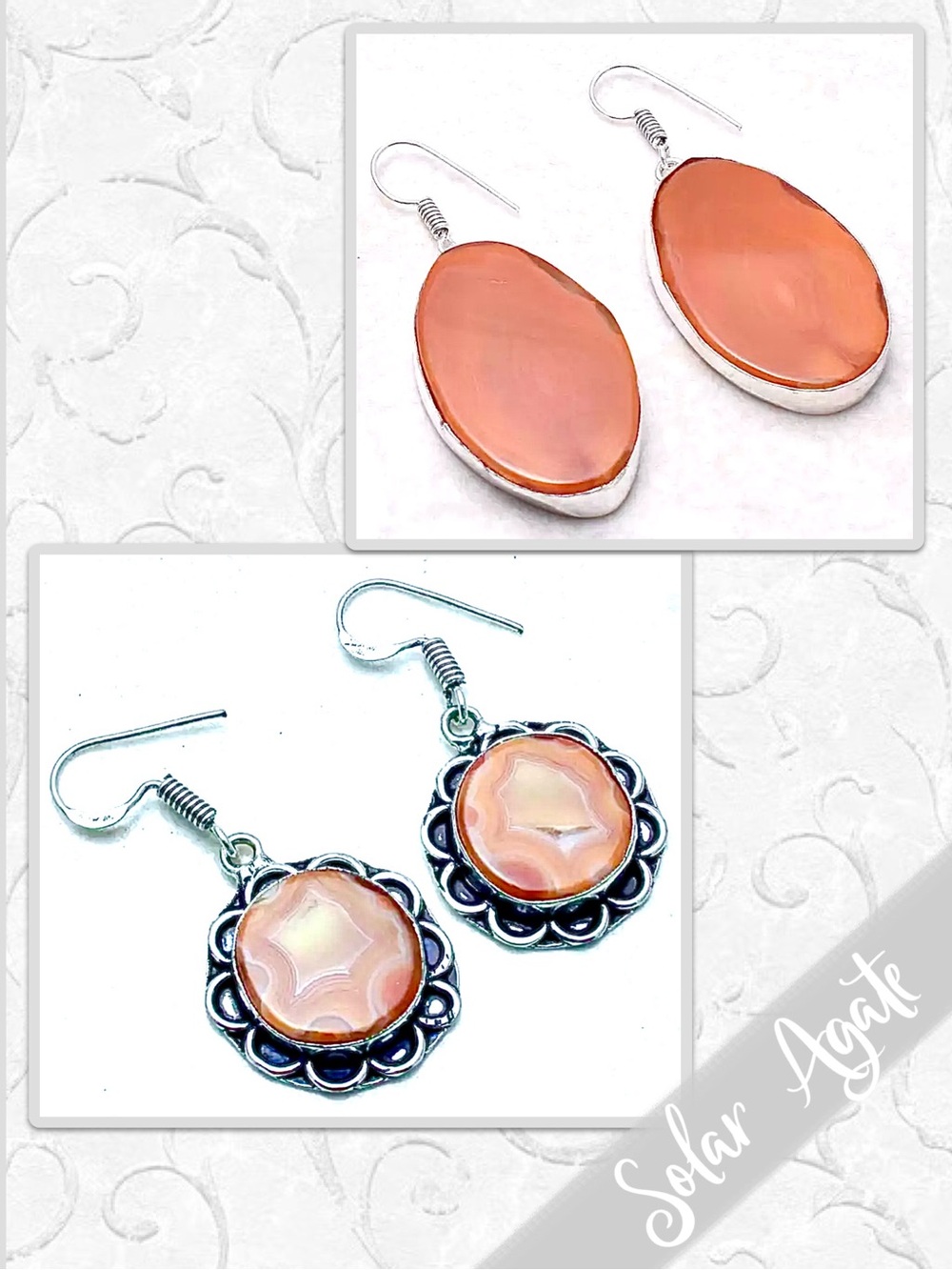 Solar Agate Eclectic Silver Drop Dangle Artisan Earrings (Orange)
